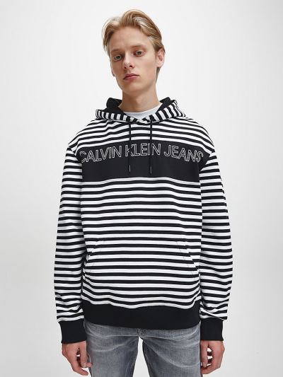 Calvin Klein Ruhák HU769928 | Calvin Klein Relaxed Organic Cotton Stripe Férfi Kapucnis Pulóver Feke